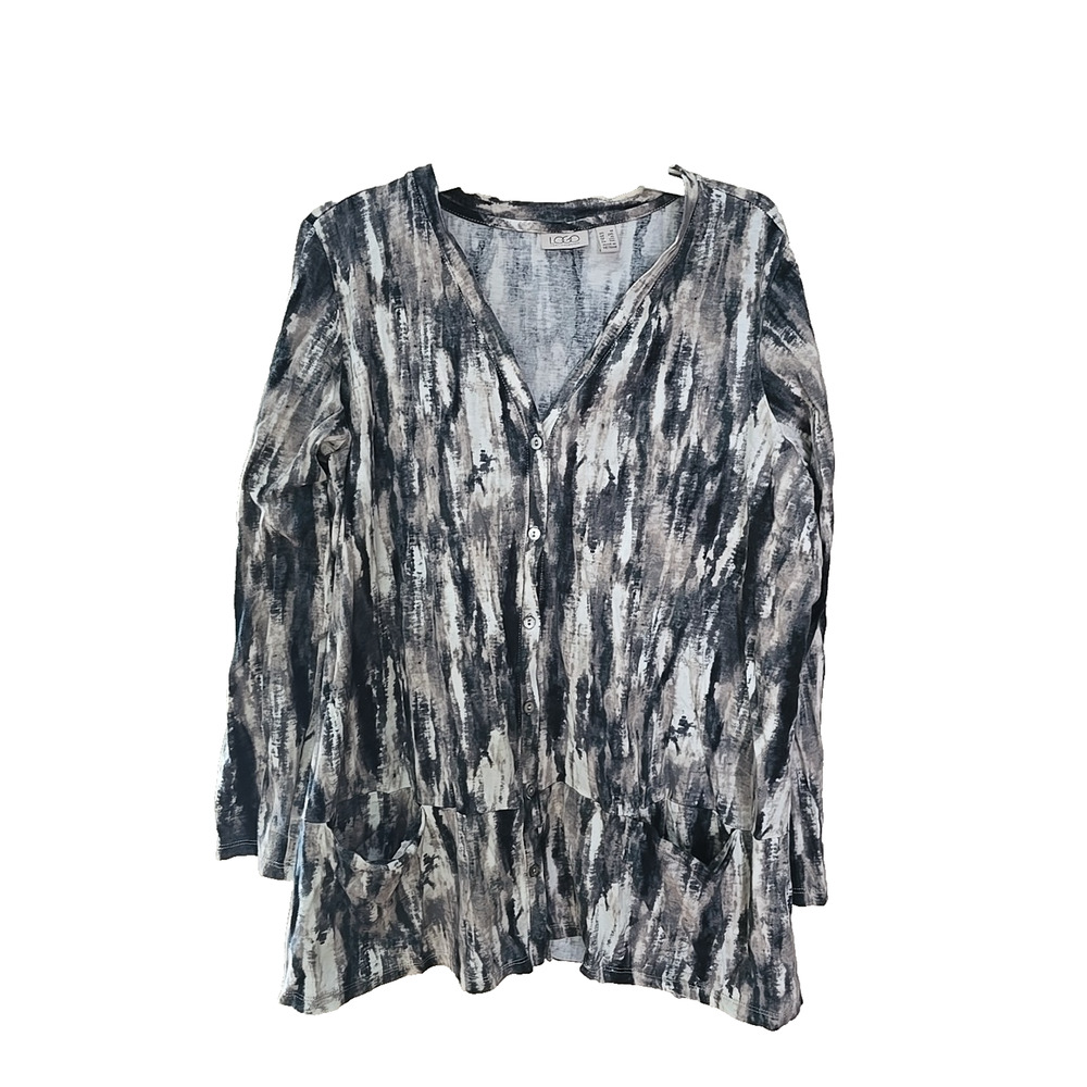 LOGO by Lori Goldstein Gray Abstract V-Neck Button Front Top Womans Plus Size 1X